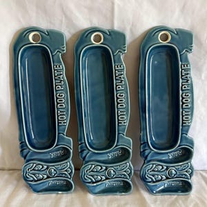 Vintage Basset Hound-hotdogborden | Blauw keramiek | Zomerservies