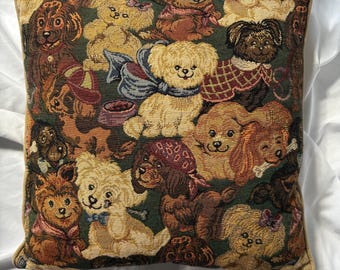 Cuscino decorativo quadrato con stampa vintage di cani / Finto ricamo / 40 x 40 cm