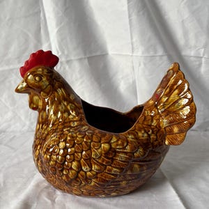 Large Vintage Drip Glaze Ceramic Rooster Planter | Signed Pottery | 4” x 4” Opening | Farmhouse, Rustic, & Country Decor | Chicken/Hen Decor