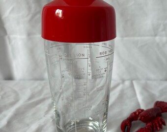 Red 1960s Small 8 1/2” Cocktail Shaker with Drink Recipes | Vintage MCM Barware