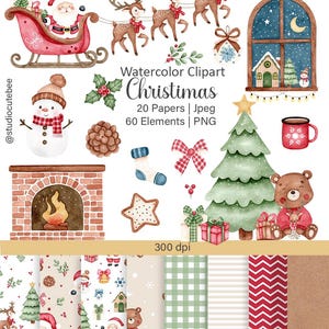 Op de afbeelding: Waterverf illustratie van kerst clipart. Het bevat de kerstman in een slee, rendieren, een sneeuwpop en een kerstboom. Andere elementen zijn cadeaus, een open haard en papieren met patronen. De tekst op de afbeelding luidt "Watercolor Clipart Christmas".