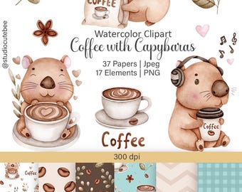 Coffee with capibaras cliparts, cute capibara in png, cute kawaii capibara, kawaii animal illustration set, Capibara Digital Printable Paper