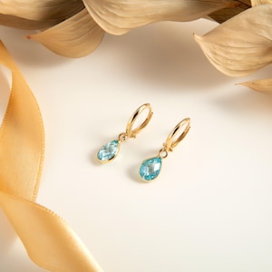 14K Gold Earrings - Natural Blue Topaz - Drop Stones Earrings - December birthstone jewelry - teardrop dangle earrings
