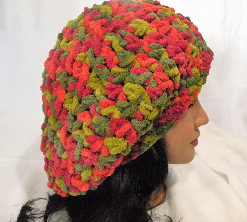 Adult Hat Hand Crocheted Chenille Yarn Fall Colors Slouchy Etsy