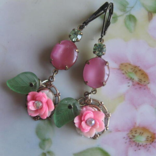 My favorite Rose.vintage assemblage rhinestone and rose flower dangle earrings