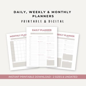 Daily Planner | Printable & Digital Undated Daily, Weekly, Monthly Planner | Productivity Tool