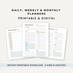 Daily Planner | Printable & Digital Undated Daily, Weekly, Monthly Planner | Productivity Tool