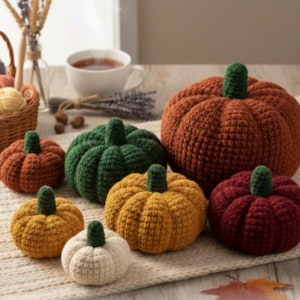 May include: A selection of handmade crochet pumpkins in different sizes and colours, including orange, green, yellow, and white. Each pumpkin has a green stem. The pumpkins are displayed on a neutral surface, evoking an autumn or harvest theme.