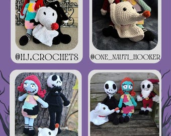 Peut inclure: Un collage de quatre images présentant des poupées crochetées à la main. Les poupées représentent des personnages de "L'Étrange Noël de Monsieur Jack", dont Jack Skellington, Sally et Zéro. Chaque poupée est unique, avec des couleurs vives et des détails complexes.