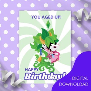 Cartão de aniversário digital Sims Cowplant - Cartão Sims engraçado para impressão, download instantâneo, presente para jogadores, saudação Simlish para Simmers