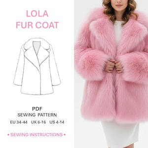 Modello di cappotto di pelliccia corto in PDF per cucire un cappotto di pelliccia sintetica da donna, vestibilità ampia, colletto con revers, tasche laterali, lunghezza media, guardaroba invernale di tutti i giorni