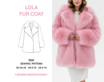 Cropped Fur Coat Pattern PDF Sewing Ladies Faux Fur Coat Loose Fit Lapel Collar Side Pockets Medium Length Winter Everyday Wardrobes