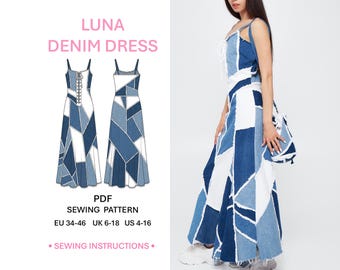 Denim Dress Sewing Pattern PDF Patchwork Maxi Dress Corset Bodice Lace Up Sundress Upcycled Jeans Tutorial Womens DIY Fashion Boho Style