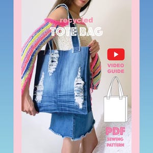 Denim draagtas Naaihandleiding Digitale download pdf Instructies Milieuvriendelijk ambacht Upcycle Project Markttas Zomer Dagelijks gebruik