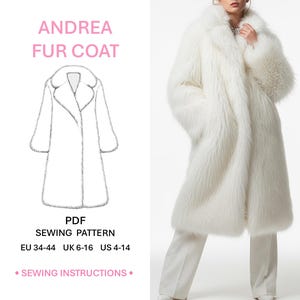 Long Faux Fur Coat PDF Sewing Pattern Womens Overcoat Loose Fit Lapel Collar Side Pockets Stylish Winter Outerwear Digital Download
