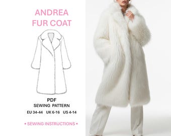 Long Faux Fur Coat PDF Sewing Pattern Womens Overcoat Loose Fit Lapel Collar Side Pockets Stylish Winter Outerwear Digital Download
