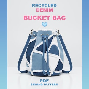 Modello PDF per borsa a secchiello in denim, cucito, patchwork di jeans riciclati, borsa con coulisse, progetto ecologico, regalo unico fatto a mano, accessorio estivo da donna