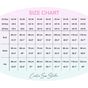 A size chart with EU, UK, and US sizes, including bust, waist, and hip measurements in centimeters and inches for sewing patterns Creativesewstudioua. The chart ranges from EU size 34 to 48, US size 4 to 18, UK size size 6 to 20.