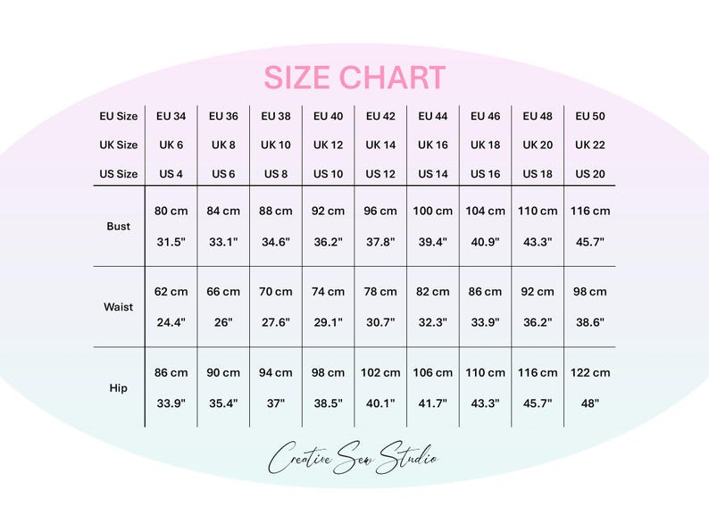 A size chart with EU, UK, and US sizes, including bust, waist, and hip measurements in centimeters and inches for sewing patterns Creativesewstudioua. The chart ranges from EU size 34 to 48, US size 4 to 18, UK size size 6 to 20.