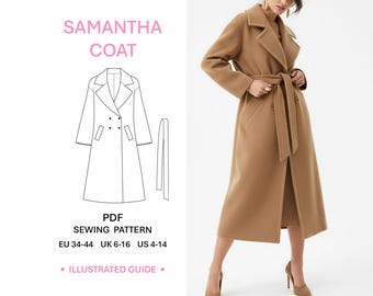 Double Breasted Coat Sewing Pattern Womens Long Coat Wide Lapel Loose Fit Illustrated Guide Stylish Outerwear Digital Download