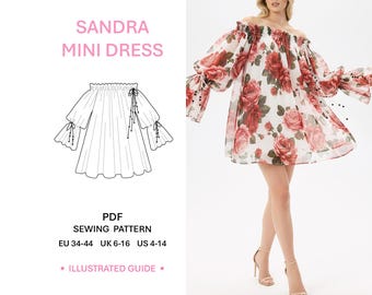 Off Shoulder Miniklänning PDF Mönster Sömnad Gravidklänning Enkel Handledning Lång Blus Dekorativa Puffärmar Sidofickor Modern Kvinnokläder
