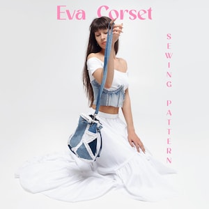Guia de costura em vídeo para corset underbust em PDF, modelo de corset sem bojo em jeans, moda sustentável, bustiê com zíper frontal e amarração nas costas, estilo verão.