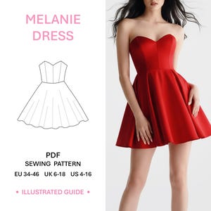May include: A Melanie Dress PDF sewing pattern with an illustrated guide, featuring a line drawing of a strapless sweetheart neckline dress with a flared skirt, and a photograph of the red dress in sizes EU 34-46, UK 6-18, and US 4-16.