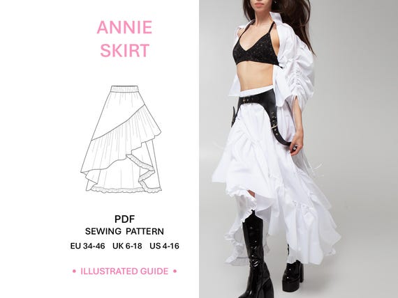 Maxi Skirt Pattern PDF Download Sewing Project Ruffle Hem Skirt with Elastic Waistband Step Guide Fashion Design Stylish Women Wear