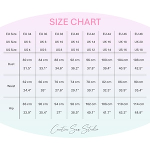 A size chart with EU, UK, and US sizes, including bust, waist, and hip measurements in centimeters and inches for sewing patterns Creativesewstudioua. The chart ranges from EU size 34 to 48, US size 4 to 18, UK size size 6 to 20.