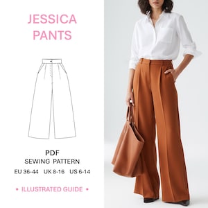 Puede incluir: Un patrón de costura en PDF para los pantalones Jessica, con un dibujo lineal de pantalones de talle alto y pernera ancha con cierre de botón. El patrón incluye las tallas EU 36-44, UK 8-16, US 6-14 y una guía ilustrada de confección.