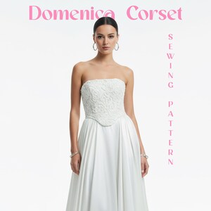 Molde de espartilho de renda em PDF, tutorial de costura de bustiê sem alças, corpete com barbatanas e zíper nas costas, modelo para top de noiva, roupa de formatura, look formal de verão.