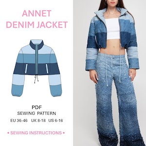 May include: A cropped denim jacket and matching pants in shades of blue. The jacket has a zip closure and a drawstring hem. The pants have a textured, ombre effect. The image also includes a sewing pattern for the jacket, labeled "ANNET DENIM JACKET".