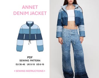 Bomber Jacket Pattern Sewing Cropped Denim Jacket Zip Up Welt Pockets Patchwork Eco Friendly Upcycled Clothing Fashion Woman's Outerwear