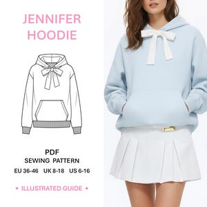 Może przedstawiać: Jasnoniebieska bluza z kapturem z białą kokardą przy dekolcie i kieszenią typu kangur, pokazana obok rysunku technicznego z napisem JENNIFER HOODIE PDF SEWING PATTERN EU 36-46 UK 8-18 US 6-16 wraz z ilustrowanym przewodnikiem.