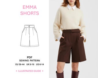 Bermuda Shorts Sewing Pattern PDF Womens High Waist Knee Length Shorts with Pockets Casual Outfit Illustrated Guide Digital Download