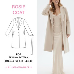 May include: A beige coat with a lapel collar and three front buttons, shown alongside a technical line drawing labeled ROSIE COAT PDF SEWING PATTERN EU 34-44 UK 6-16 US 4-14 ILLUSTRATED GUIDE, depicting the coat structure and a separate belt.