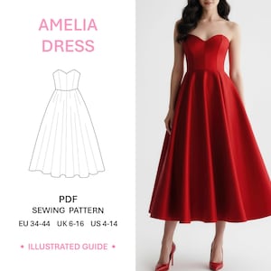 Op de afbeelding: Een PDF-naaipatroon voor de Amelia-jurk, met een lijntekening van een strapless jurk met een wijde rok. De tekst bevat 'AMELIA DRESS', 'PDF SEWING PATTERN', 'EU 34-44 UK 6-16 US 4-14' en 'ILLUSTRATED GUIDE'. Een rode strapless jurk is afgebeeld.