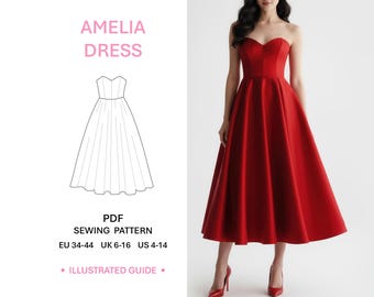 Sweetheart Neckline Design Formal Dress Pattern PDF Sewing Guide Evening Gown Making Tutorial Midi Length Prom Fashion Style Womens Wear