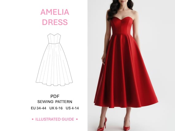 Sweetheart Neckline Design Formal Dress Pattern PDF Sewing Guide Evening Gown Making Tutorial Midi Length Prom Fashion Style Womens Wear