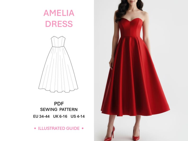 Formal Dress Sewing Pattern Digital Download Sweetheart Neckline Design Professional Dressmaking Guide Full Length Ball Gown Tutorial Printable Instructions Corset Style Bodice Maxi Skirt Template Special Occasion Wear Size Range Complete Evening Summer Outfit