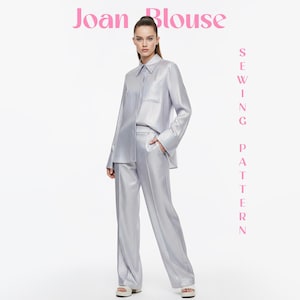 Patrón de camisa para mujer, costura digital, instrucciones ilustradas fáciles, blusa abotonada, diseño de manga larga, cuello clásico, conjunto moderno de verano.