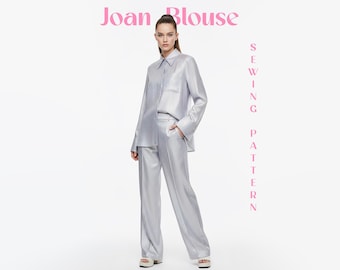 Digitaal naaipatroon voor een damesblouse met eenvoudige, geïllustreerde instructies. Blouse met knoopsluiting, lange mouwen, klassieke kraag, moderne zomeroutfit.