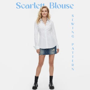 Molde de costura em PDF para blusa feminina de manga comprida com botões, estilo clássico, em algodão, ajustada ao corpo. Guia ilustrado para costura de blusa casual de verão.