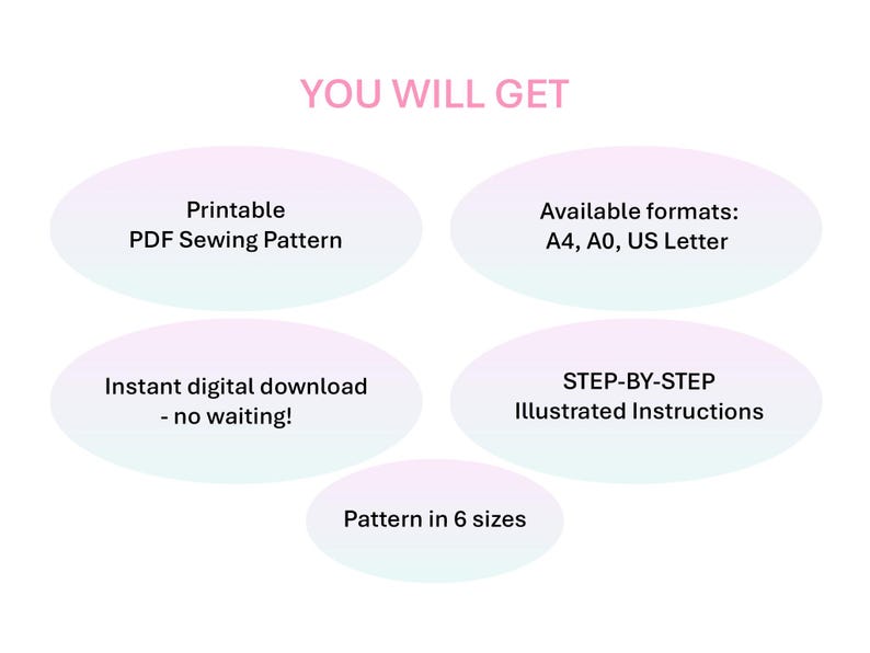YOU WILL GET: Printable PDF Sewing Pattern, Available formats: A4, A0, US Letter, Instant digital download - no waiting!, Sewing Instructions, and Pattern in 6 sizes.