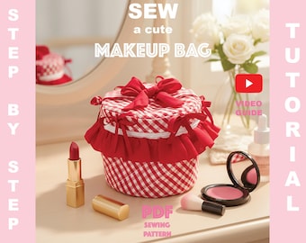 Quilted Bag Pattern Sewing Ruffle Makeup Bag Tutorial Video Pouch Organizer With Bows Bathroom Storage Vanity Case Cute Gift For Friend