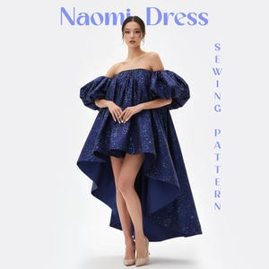 Patrón de vestido formal en PDF con instrucciones de costura, hombros descubiertos, mangas abullonadas, dobladillo alto y bajo, estilo romántico, atuendo de noche de verano.