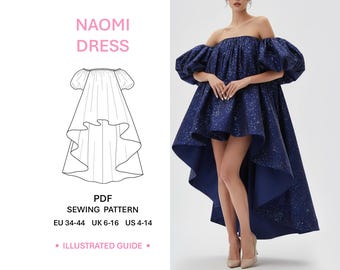 Mönster för formell klänning PDF-sömnadsinstruktioner Off shoulder-klänning Puffärm Hög låg fålldesign Romantisk stil Kvällsoutfit för kvinnor