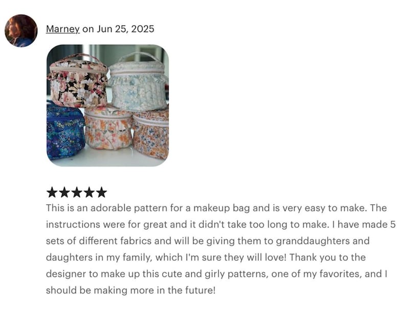 Customer Review: This ia an adorable pattern for a makeup bag and a very easy to make.