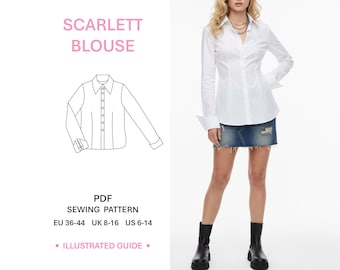 Womens Blouse Sewing Pattern PDF Long Sleeve Button Down Classic Style Cotton Fitted Shirt Sewing Illustrated Guide Casual  Wear