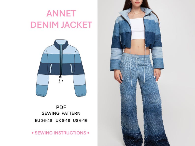 May include: An Annet denim jacket PDF sewing pattern with instructions for sizes EU 36-46, UK 8-18, and US 6-16. The jacket is a cropped, color-blocked design in shades of blue with a high collar, long sleeves, and a drawstring hem.